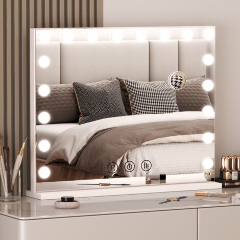 BIGZZIA - LED Makeup Mirror with Hollywood Light, Smart Makeup Mirror, 10x Magnifying Glass, Touch Control, 3 Dimmable Colors, 18 White Bulbs, 80cm x 60cm