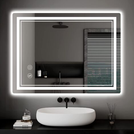 BIGZZIA Miroir de salle de bain avec lumières LED, 60 x 80 cm, rétro-éclairé, miroir de courtoisie mural avec interrupteur à intensité variable, 3 couleurs et tampon antibuée, horizontal/vertical