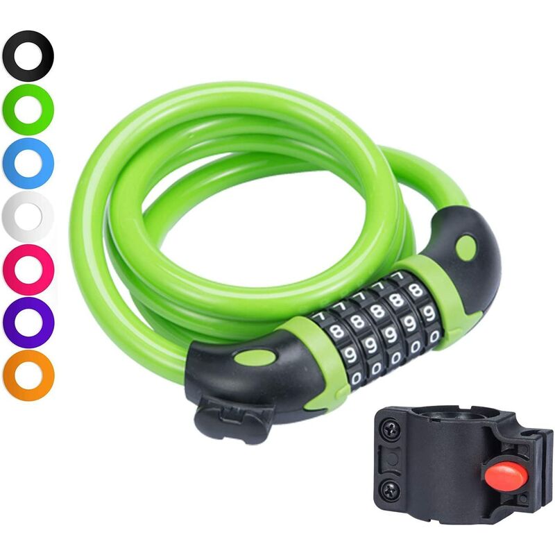 Bike Chain Lock with 5 Resettable Digits and Mounting Bracket, Combination Coil Cable Ideal for Outdoor Cycling - 10.2 x 12.7cm