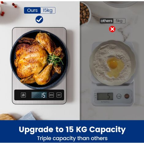Bilancia da cucina digitale ricaricabile (15 kg) - Bilancia alimentare USB-C ad alta precisione 1 g/0,1 oz con batteria inclusa e funzione professionale di lunga durata