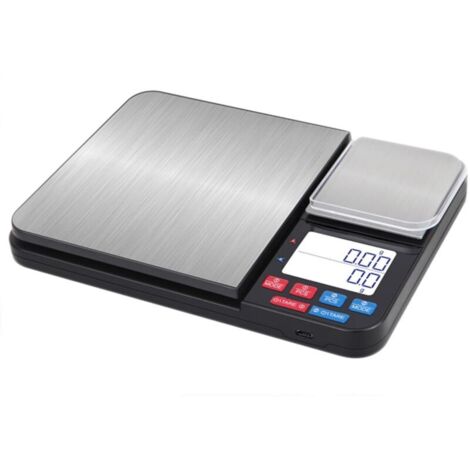 Bilancia da cucina digitale ricaricabile con due piatti di pesatura, piattaforma in acciaio inox e display retroilluminato chiaro, ideale per alimenti ed erbe medicinali.