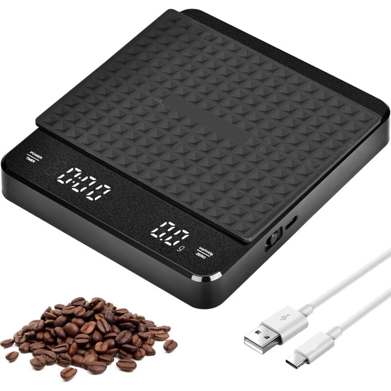 Bilancia digitale per caffè con timer e tappetino isolante impermeabile, bilancia da cucina elettronica ricaricabile tramite USB, peso massimo: 3 kg