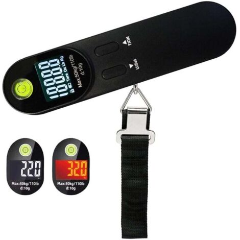 Bilancia digitale portatile per bagagli con gancio, con livella integrata, gadget da viaggio, con funzione tara fino a 50 kg, nero