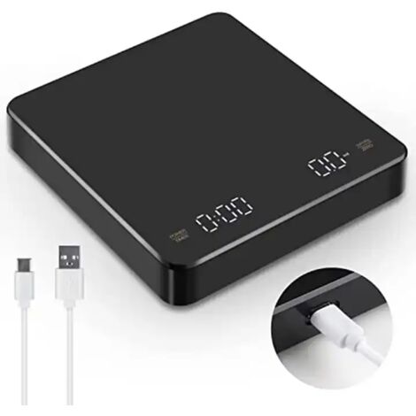 Bilancia digitale ricaricabile per caffè filtro con timer, 3 kg/0,1 g. Bilancia digitale per espresso con funzione anti-taglio, 3 unità, display a LED, nera.