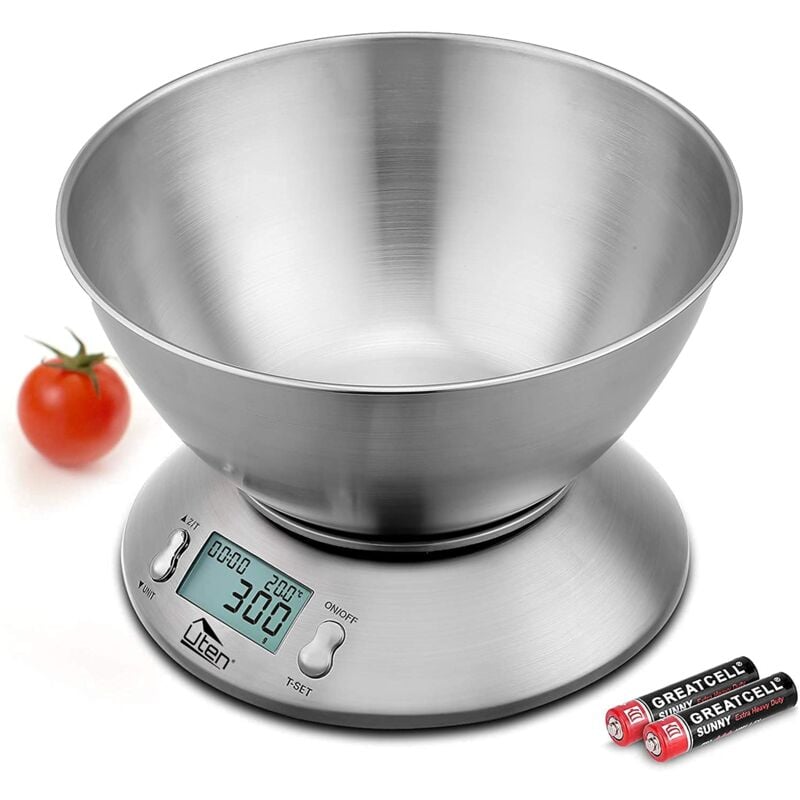 Image of Bilancia elettronica da cucina, Bilancia digitale con ciotola staccabile in acciaio inox, 11 libbre, 5 kg, con sensore di temperatura ambiente e