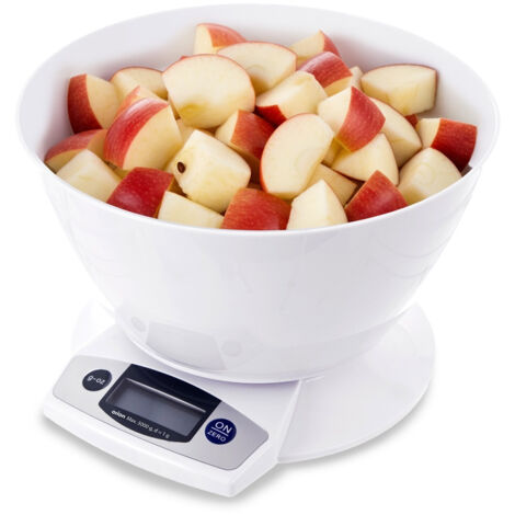 Bilancia elettronica da cucina con ciotola di precisione per alimenti, display LCD, capacità 5 kg.