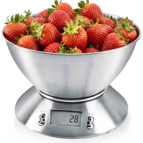 Bilancia elettronica da cucina in acciaio con ciotola e display LCD, portata 5 kg, capacità 2,2 l.