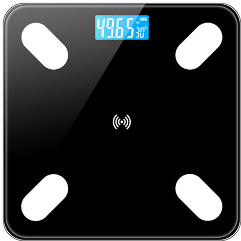 Bilancia elettronica multifunzione, portata massima 180 kg, ricaricabile, 4 sensori ad alta precisione, vetro temperato - nera.
