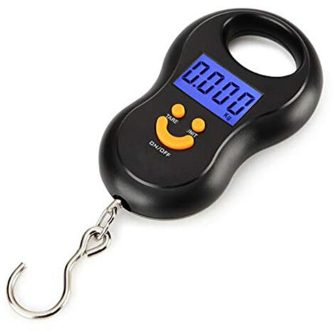 Bilancia elettronica nera da appendere, portata 50 kg, peso 10 g, display LCD retroilluminato, bilancia digitale tascabile per la pesca.