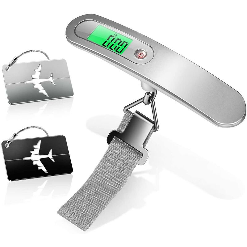 Image of Fortuneville - Bilancia elettronica per bagagli, bilancia digitale portatile argentata e 2 etichette per bagagli