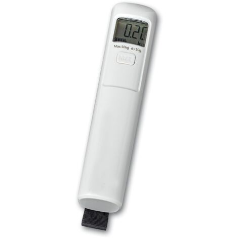 Bilancia fino a 50 kg per valigie e zaini  Senza batteria - autoricaricabile  Bilancia digitale per bagagli con cinghia  Accessorio da viaggio  3,4x15x5 cm  Bianco