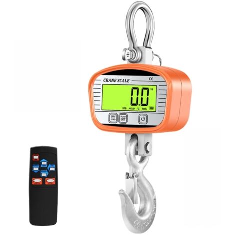 Bilancia industriale a gru da 1000 kg/2200 libbre, precisione 0,1 kg, display LCD digitale, funzione di blocco della punta, gancio di pesatura, arancione