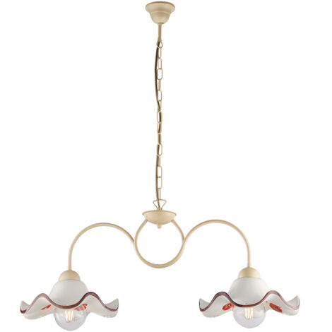 Bilanciere 2 Luci Anemone In Ferro Laccato Avorio E Ceramica Decorata