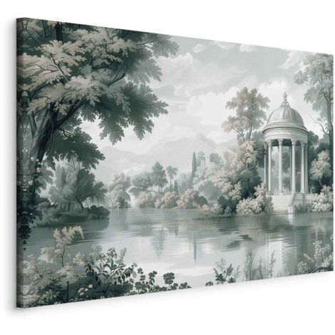 Bild – Blick auf eine Park- und Seelandschaft im Retro-Stil mit viel Grün / Landschaft mit Park und See im Retro-Stil