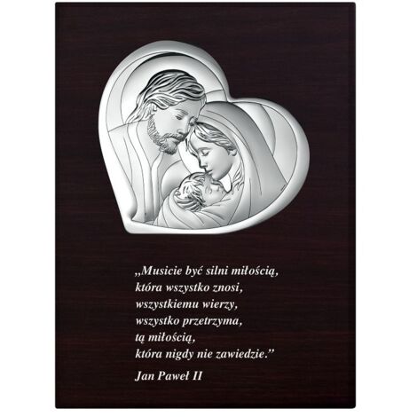 Bild des silbernen modernen Herzens der Heiligen Familie mit einem Zitat von Johannes Paul II. 11,5 x 15,5  Größe: 11,5 x 15,5 cm  Artikelnummer: BC6481/W