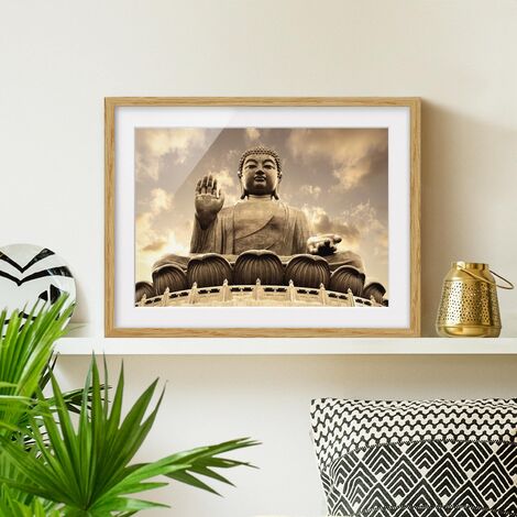Bild mit Rahmen - Großer Buddha Sepia Größe HxB: 30cm x 40cm, Rahmen: Eiche