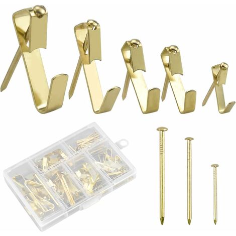 Bilderhaken Set Rahmenaufhänger 130Pcs Bild Kleiderbügel Schwerlast Aufhänger Bilder Aufhängen Foto Hängehaken Sortiment Kit mit Nägeln für Wand und Holz, Unterstützung 10-100 lbs, Golden