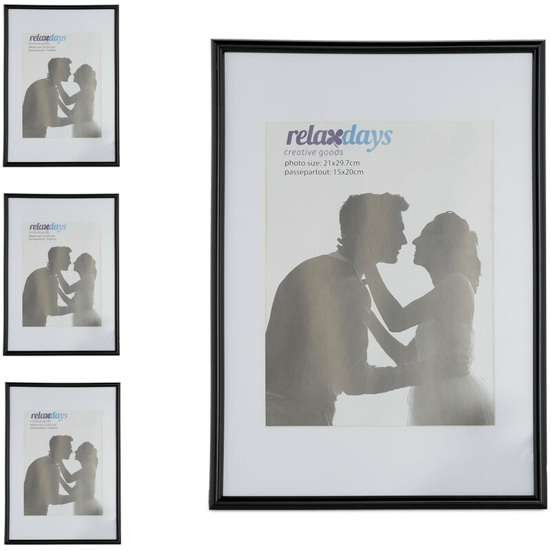 Relaxdays 4 X Bilderrahmen 20x30 Cm, Passepartout 15x20 Cm, Fotorahmen Zum Stellen Oder Hinhängen, Aus Kunststoff, Schwarz-weiß