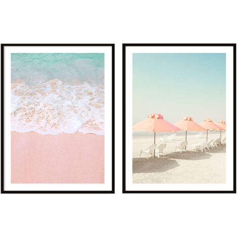 BILDPOSTER IM RAHMEN 53x73cm Diptychon 2er-Set Bilder Strand Rosa Meer P2085