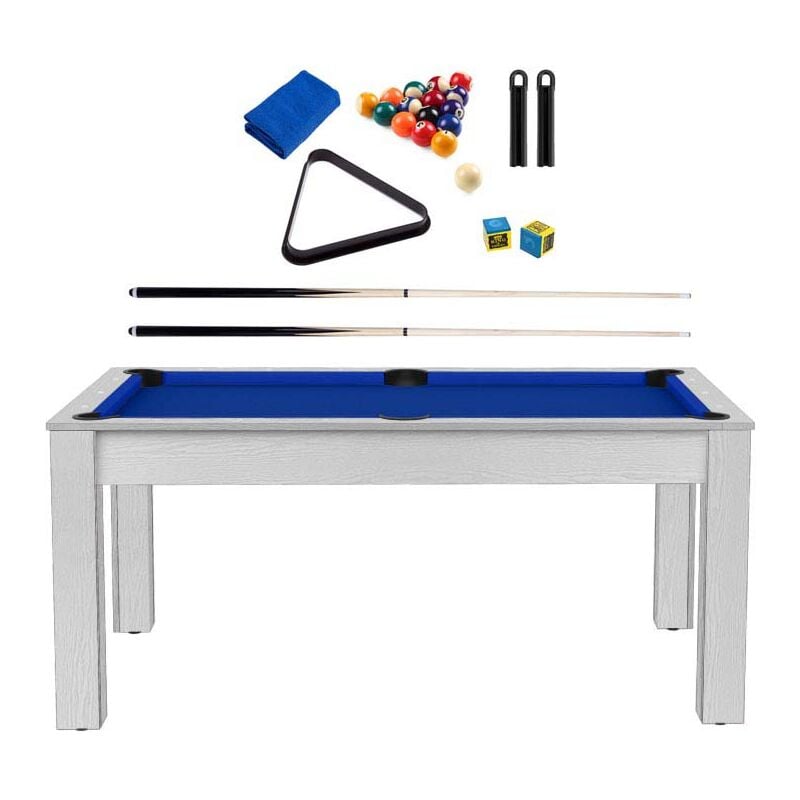 Billard convertible table 6 personnes Texas + pack accessoires Confort - Blanc boisé et bleu (tapis)