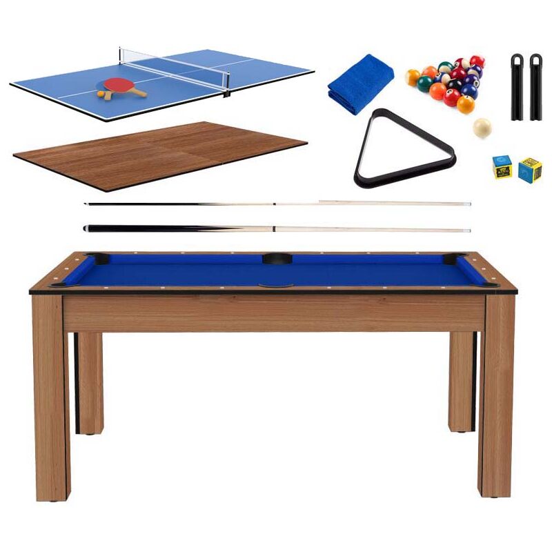 Billard convertible table 6 personnes Texas + plateau 2 en 1 dinatoire et Ping Pong + pack accessoires Confort - Hêtre boisé et bleu (tapis)