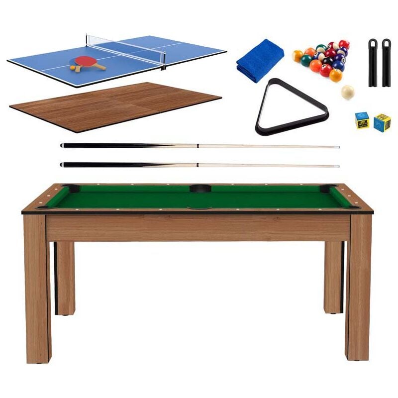 Billard convertible table 6 personnes Texas + plateau 2 en 1 dinatoire et Ping Pong + pack accessoires Confort - Hêtre boisé et vert (tapis)