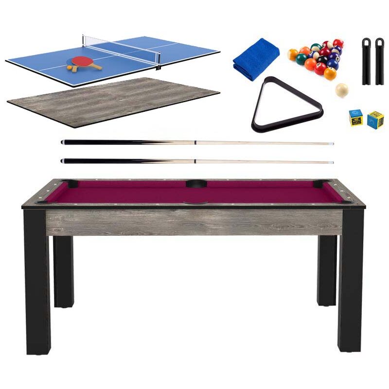 Billard convertible table 6 personnes Texas + plateau 2 en 1 dinatoire et Ping Pong + pack accessoires Confort - Industriel et prune (tapis)