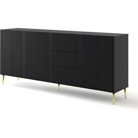 BIM FORNITURE meuble TV de salon RAVENNA cm 200x42x87H noir mat pieds dorés