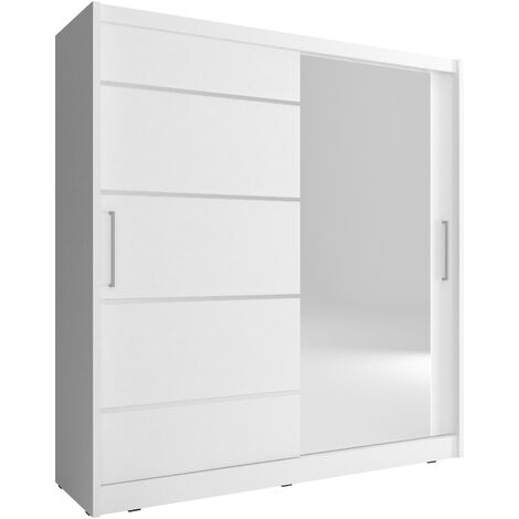 Bim Furniture – Armoire avec miroir 180x62x200 cm – 2 portes coulissantes – Panneau stratifié blanc mat – 6 étagères pour rangement optimisé - 180x62x200h