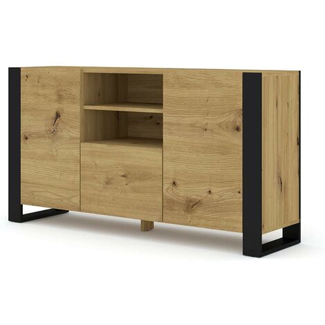 Bim Furniture – Buffet moderne chêne rustique 158 cm – Hauteur 84 cm – Profondeur 40 cm – Panneau stratifié 16 mm – 3 étagères fermées - CM 158 X