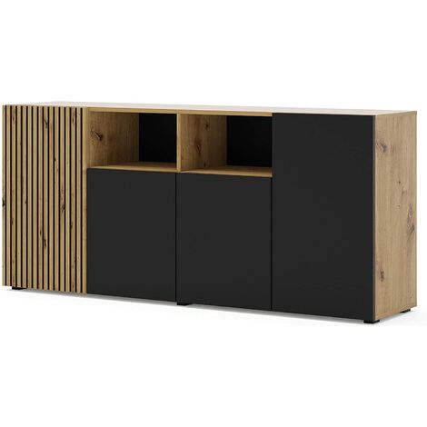 Bim Furniture – Buffet salon Auris 180x42x82cm – Chêne noir mat et bois artisanal – 4 portes et 2 niches ouvertes – Système 'Push to open'