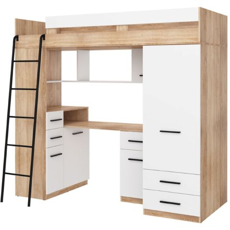 BIM Furniture Hochbett mit Schreibtisch SMYK L cm110x204x188h Eiche Weiß