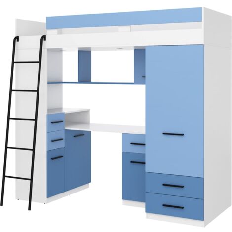 BIM Furniture Hochbett mit Schreibtisch SMYK L cm110x204x188h Weiß Blau