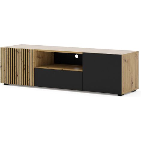 Bim Furniture – Meuble TV 150x42x42cm en chêne noir mat – 3 armoires fermées – Système de gestion des câbles intégré – Style industriel moderne