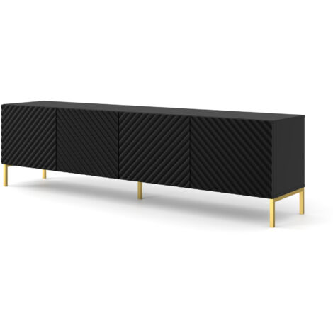 Bim Furniture – Meuble TV 200 cm noir mat – 4 armoires fermées – Panneau stratifié et MDF – Système 'push to open' – Pieds en métal doré