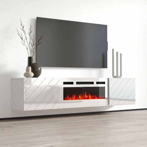 Bim Furniture – Meuble TV avec cheminée électrique blanc brillant – Dimensions 183x35x38cm – Corps en stratifié 16mm – Télécommande réglable - cm183x35x38h