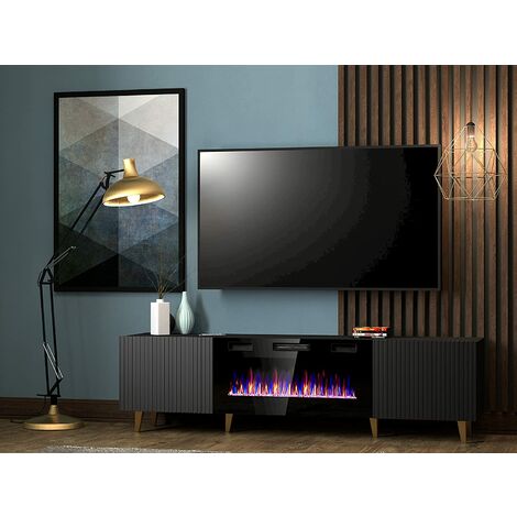 Bim Furniture – Meuble TV avec cheminée électrique Pafos 180,5 cm – Noir mat – Façade MDF stratifié – Ambiance chaleureuse réglable - cm180x40x49