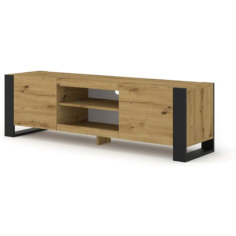 Bim Furniture – Meuble TV chêne artisanal avec pieds noirs – Dimensions 158x40x47cm – Écologique avec faible émission de formaldéhyde – Deux étagères ouvertes