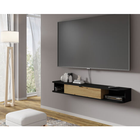 Bim Furniture – Meuble TV suspendu 156 cm noir mat et chêne – Panneau stratifié 16 mm – Trou pour passage câbles – Deux étagères ouvertes