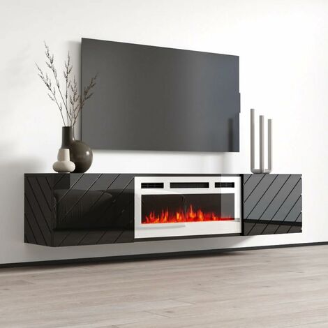 Bim Furniture – Meuble TV suspendu avec cheminée électrique – Dimensions 183x35x38cm – Corps en stratifié noir mat – Façade en MDF noir brillant - cm183x35x38h