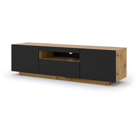 Bim Furniture – Meuble TV suspendu ou sur pied 150x42/36x37 cm – Structure chêne et façades noir mat – Étagère ouverte pour appareils électroniques