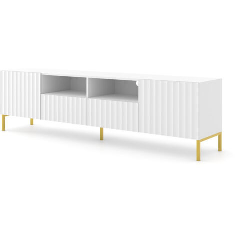 Bim Furniture – Meuble TV WAVE 200cm – 2 tiroirs et 2 armoires – Panneau MDF fraisé blanc mat – Pieds en métal or – Système 'push to open'