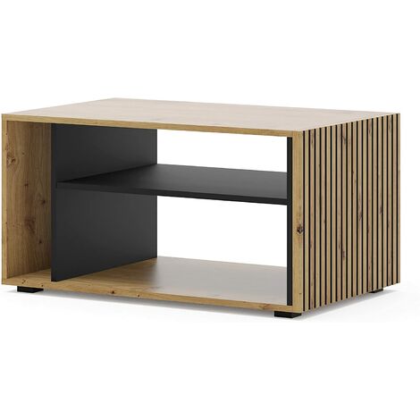 Bim Furniture – Table basse fixe support ordinateur 87x55x45cm – Chêne noir mat – 3 niveaux de rangement – Design moderne pour salon