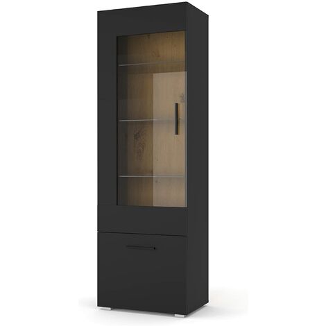 Bim Furniture – Vitrine debout 190 cm – Verre noir mat et chêne artisan – Étagères en verre réglables – Idéale pour style industriel et loft