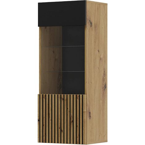 Bim Furniture – Vitrine suspendue AURIS 1D en chêne artisanal et noir mat – 5 étagères dont 2 en verre – Système push to open sans poignée