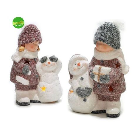 Bimbo con pupazzo di neve e luci general trade h24 cm