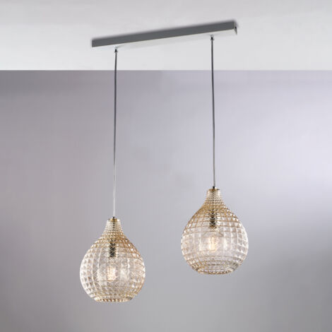Binario in ferro laccato bianco e montatura cromo con cavi elettrici regolabili e diffusori in vetro soffiato ambra con decoro effetto cristallo 2 luci H.32 - MAX 132 - L. 57 X 21