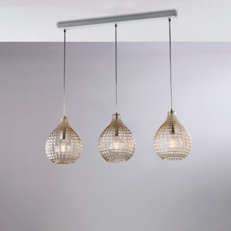 Binario in ferro laccato bianco e montatura cromo con cavi elettrici regolabili e diffusori in vetro soffiato ambra con decoro effetto cristallo 3 luci H.32 - MAX 132 - L. 88 X 21