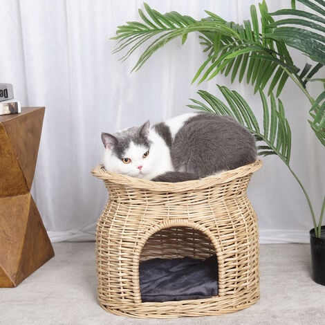 BingoPaw Double Cat/Kitten/Puppy Bed Natural Woven Seagrass Twin Basket/Pod/Igloo/Cave, Beige