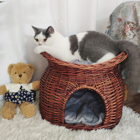 BingoPaw Double Cat/Kitten/Puppy Bed Natural Woven Seagrass Twin Basket/Pod/Igloo/Cave, Brown